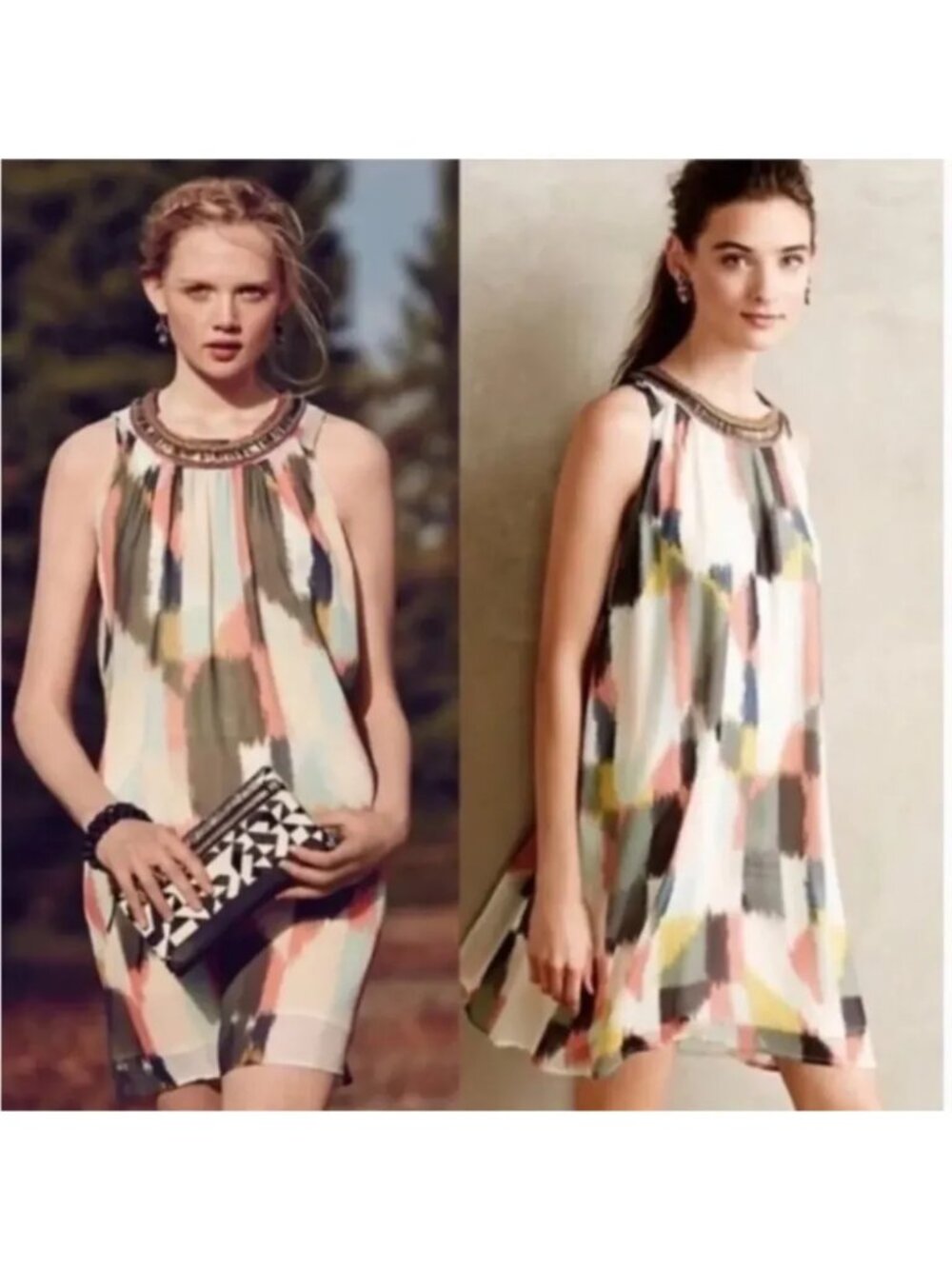 Anthropologie HD in Paris Multicolor Beaded Neckline/Collar Trapeze Dress, Size